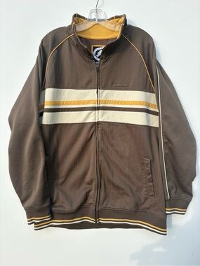 Y2K Ecko Unlimited Men's Brown Track Jacket with Cream & Gold Stripe